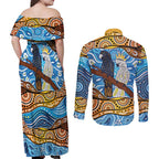 Australia Birds Aboriginal Art Couples Matching Off Shoulder Maxi Dress and Long Sleeve Button Shirt