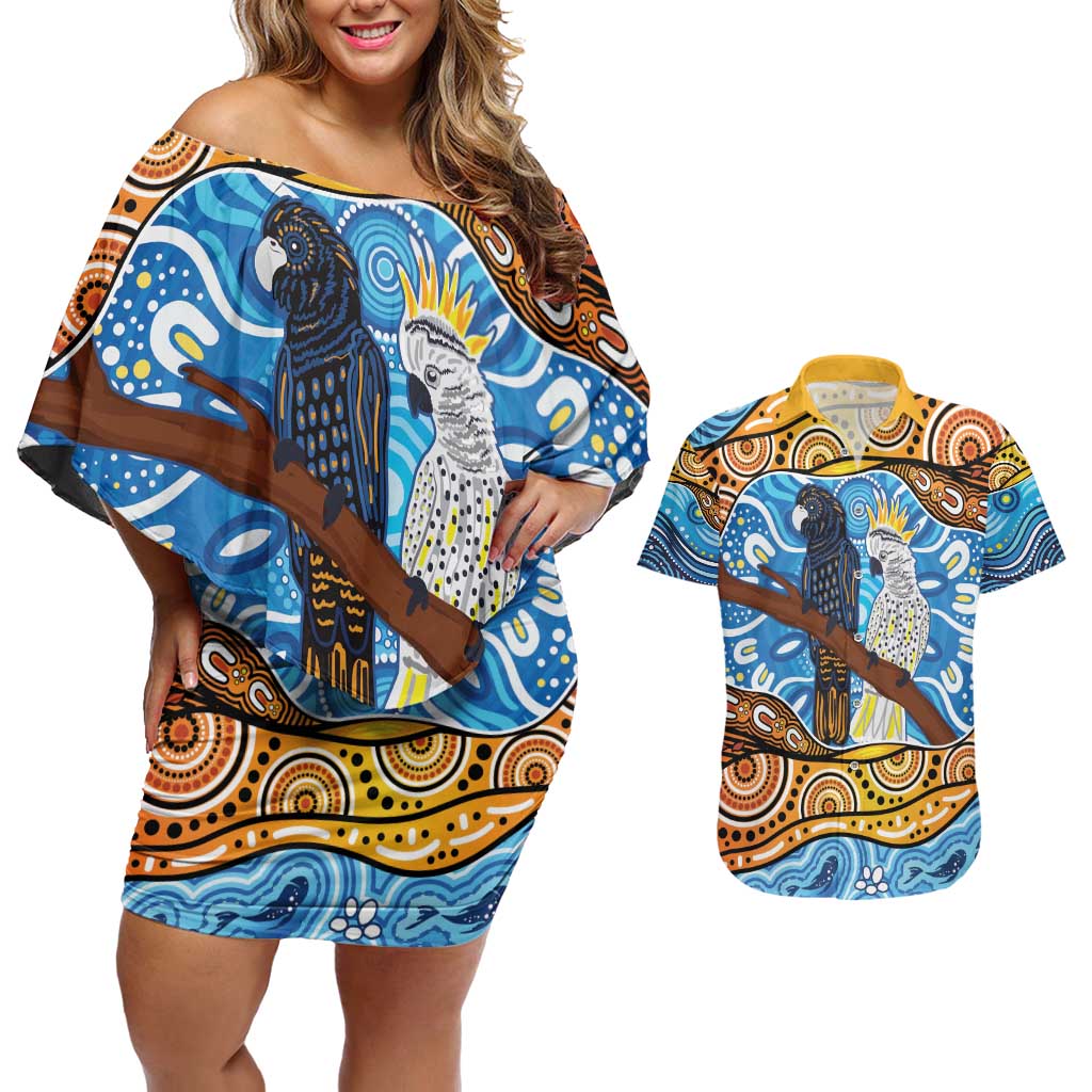 Australia Birds Aboriginal Art Couples Matching Off Shoulder Short Dress and Hawaiian Shirt