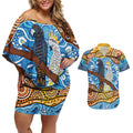 Australia Birds Aboriginal Art Couples Matching Off Shoulder Short Dress and Hawaiian Shirt