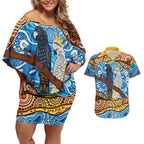 Australia Birds Aboriginal Art Couples Matching Off Shoulder Short Dress and Hawaiian Shirt