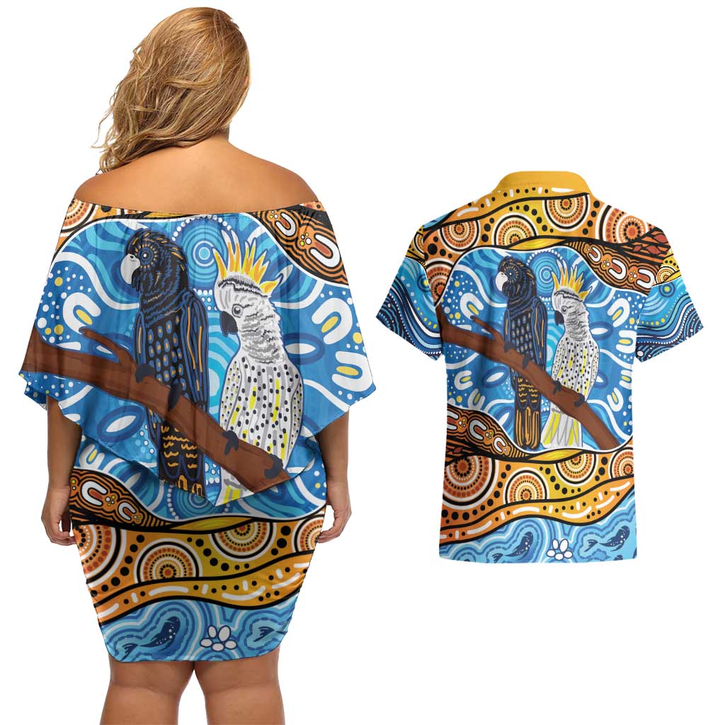 Australia Birds Aboriginal Art Couples Matching Off Shoulder Short Dress and Hawaiian Shirt