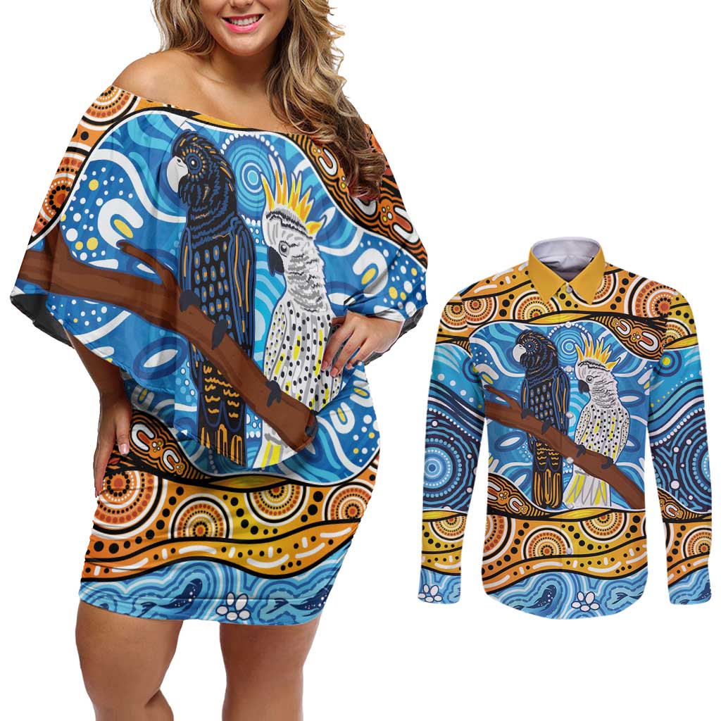 Australia Birds Aboriginal Art Couples Matching Off Shoulder Short Dress and Long Sleeve Button Shirt