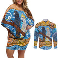 Australia Birds Aboriginal Art Couples Matching Off Shoulder Short Dress and Long Sleeve Button Shirt