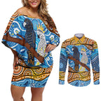 Australia Birds Aboriginal Art Couples Matching Off Shoulder Short Dress and Long Sleeve Button Shirt