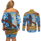Australia Birds Aboriginal Art Couples Matching Off Shoulder Short Dress and Long Sleeve Button Shirt