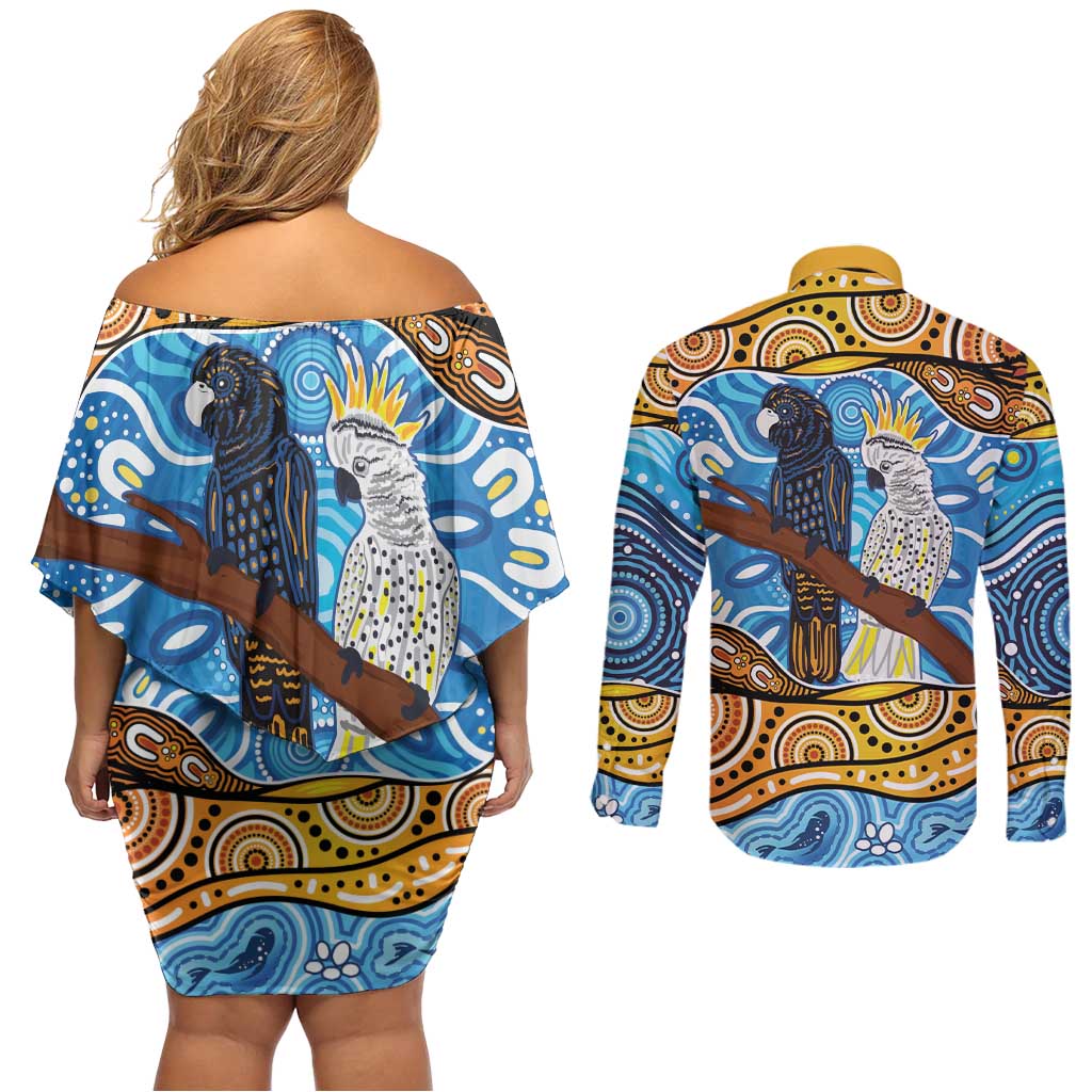 Australia Birds Aboriginal Art Couples Matching Off Shoulder Short Dress and Long Sleeve Button Shirt