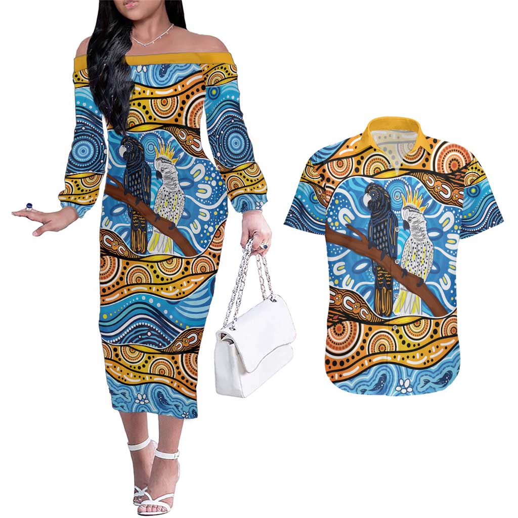 Australia Birds Aboriginal Art Couples Matching Off The Shoulder Long Sleeve Dress and Hawaiian Shirt