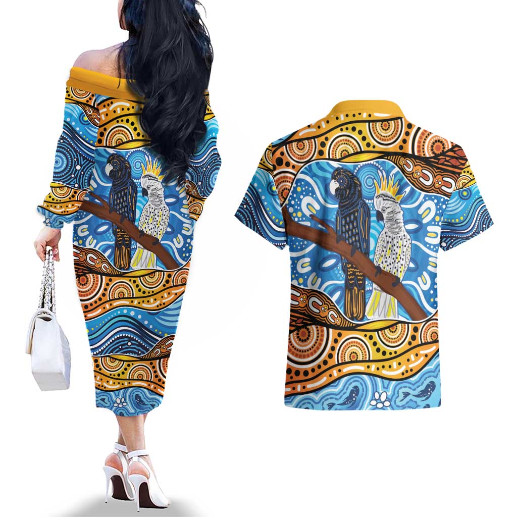 Australia Birds Aboriginal Art Couples Matching Off The Shoulder Long Sleeve Dress and Hawaiian Shirt