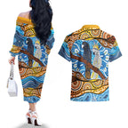 Australia Birds Aboriginal Art Couples Matching Off The Shoulder Long Sleeve Dress and Hawaiian Shirt