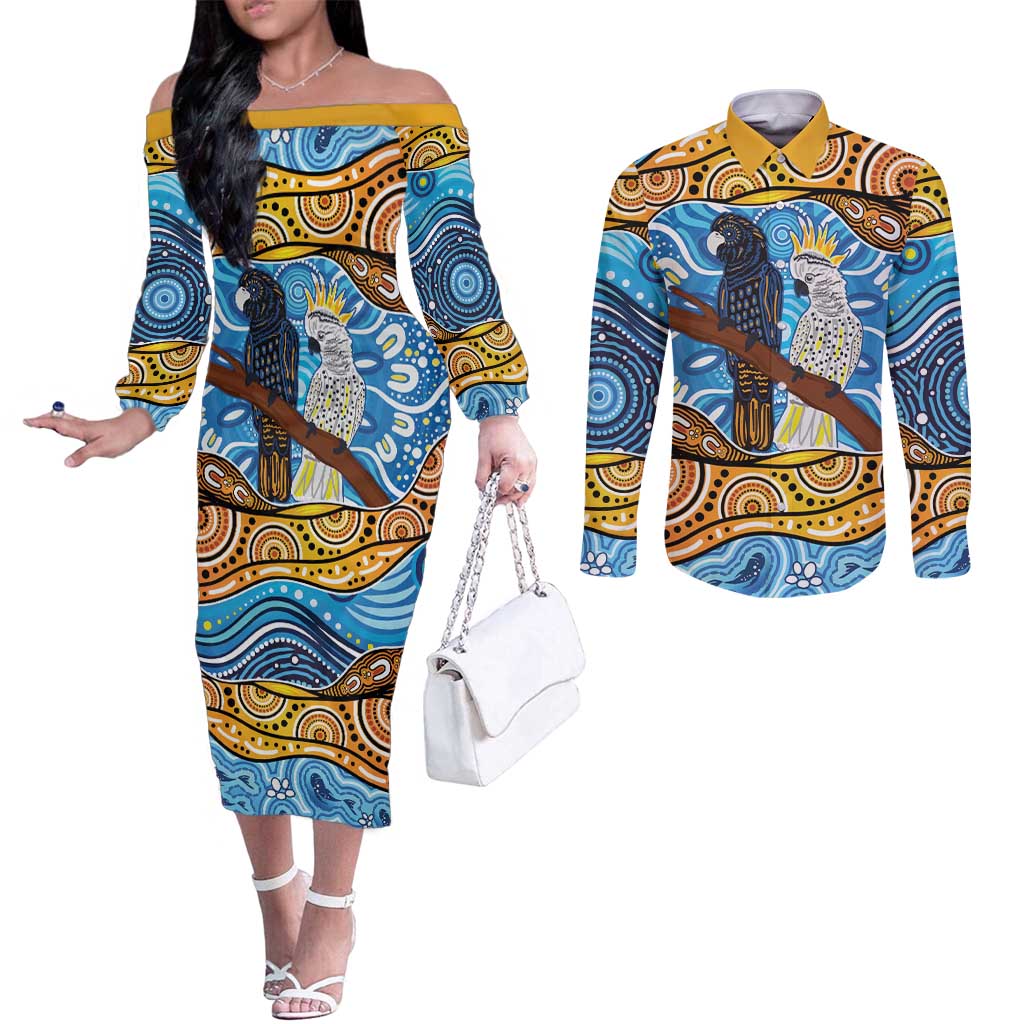 Australia Birds Aboriginal Art Couples Matching Off The Shoulder Long Sleeve Dress and Long Sleeve Button Shirt