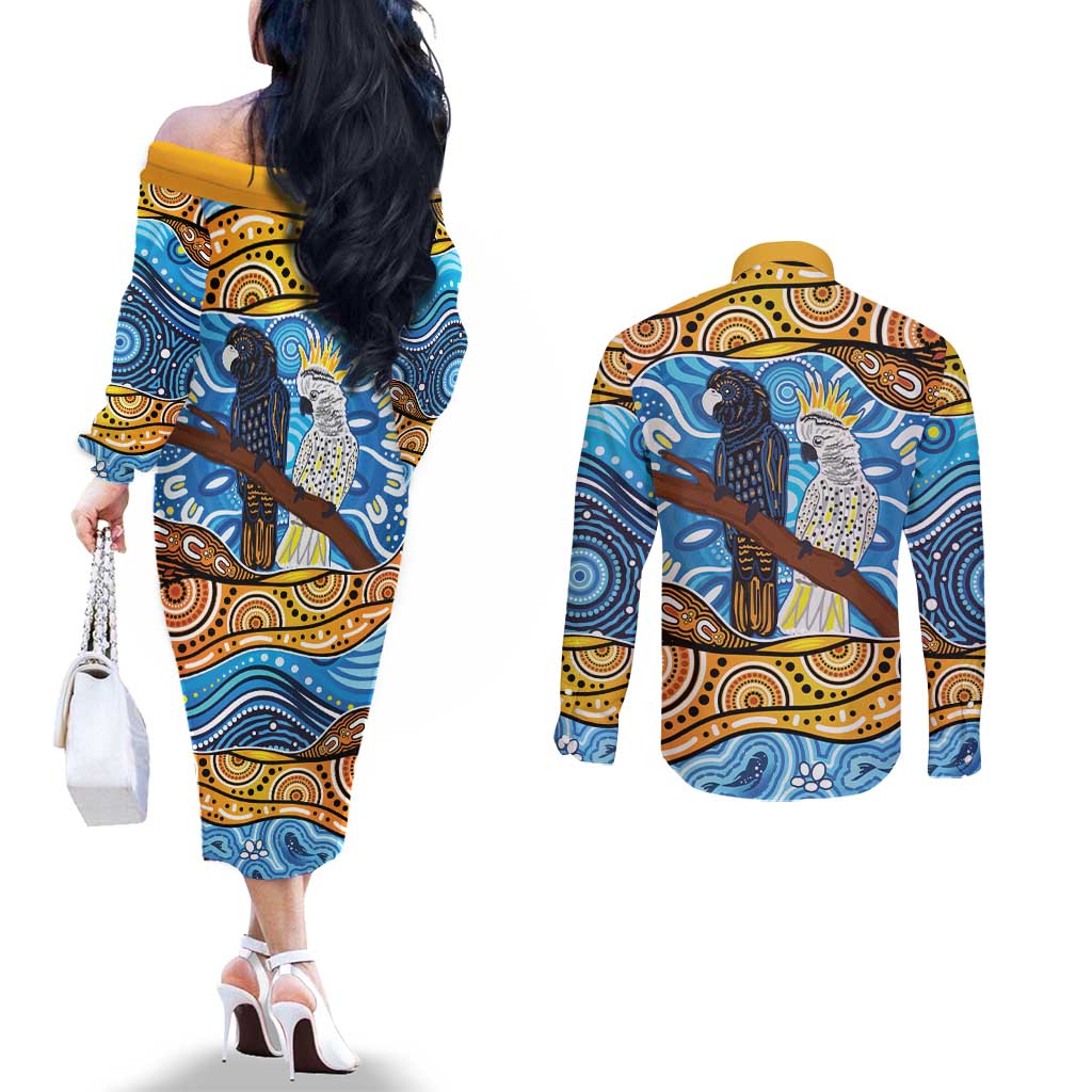 Australia Birds Aboriginal Art Couples Matching Off The Shoulder Long Sleeve Dress and Long Sleeve Button Shirt