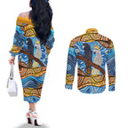 Australia Birds Aboriginal Art Couples Matching Off The Shoulder Long Sleeve Dress and Long Sleeve Button Shirt
