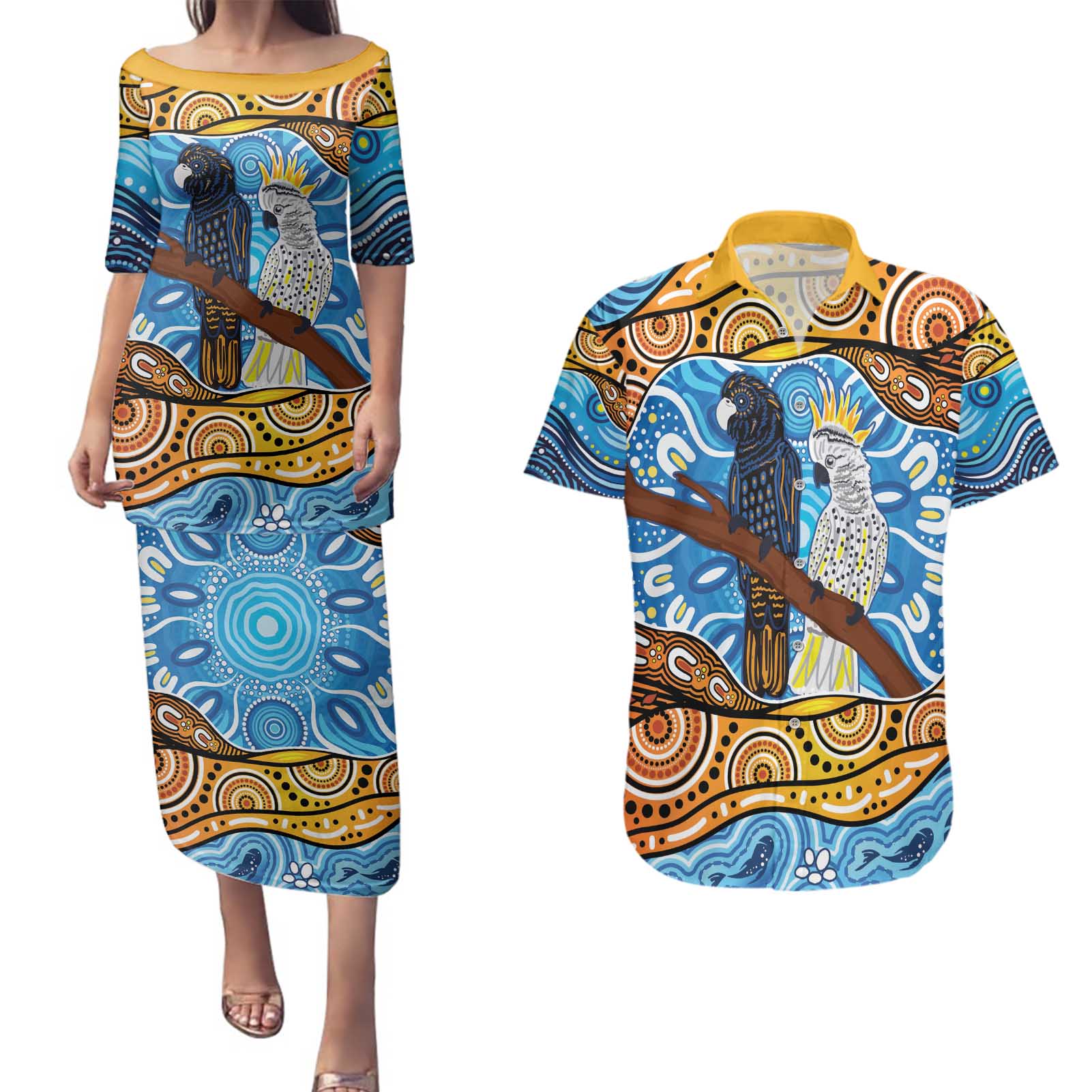 Australia Birds Aboriginal Art Couples Matching Puletasi and Hawaiian Shirt
