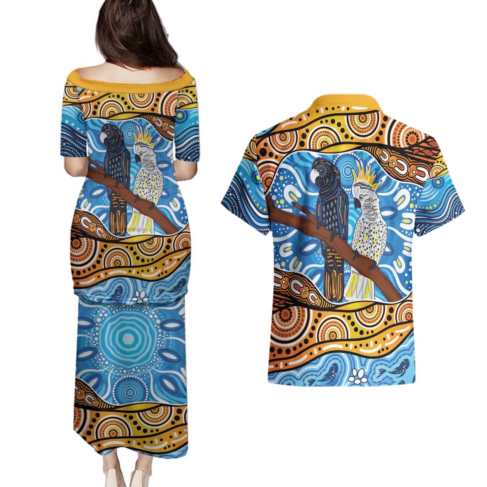 Australia Birds Aboriginal Art Couples Matching Puletasi and Hawaiian Shirt