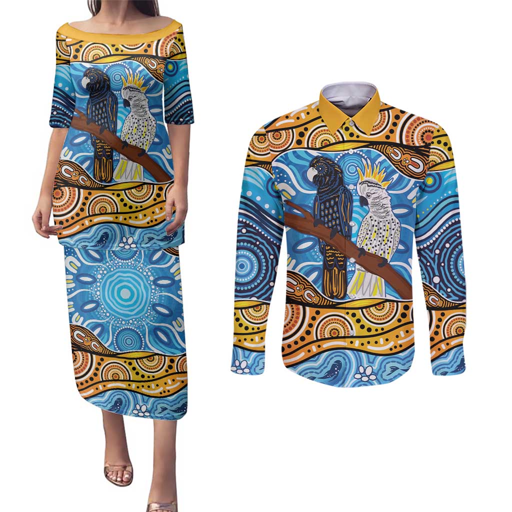 Australia Birds Aboriginal Art Couples Matching Puletasi and Long Sleeve Button Shirt
