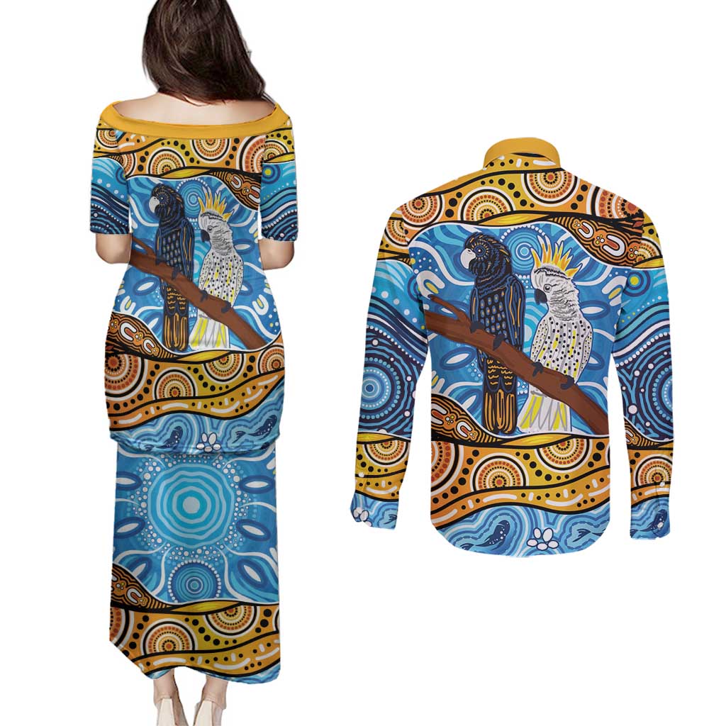 Australia Birds Aboriginal Art Couples Matching Puletasi and Long Sleeve Button Shirt