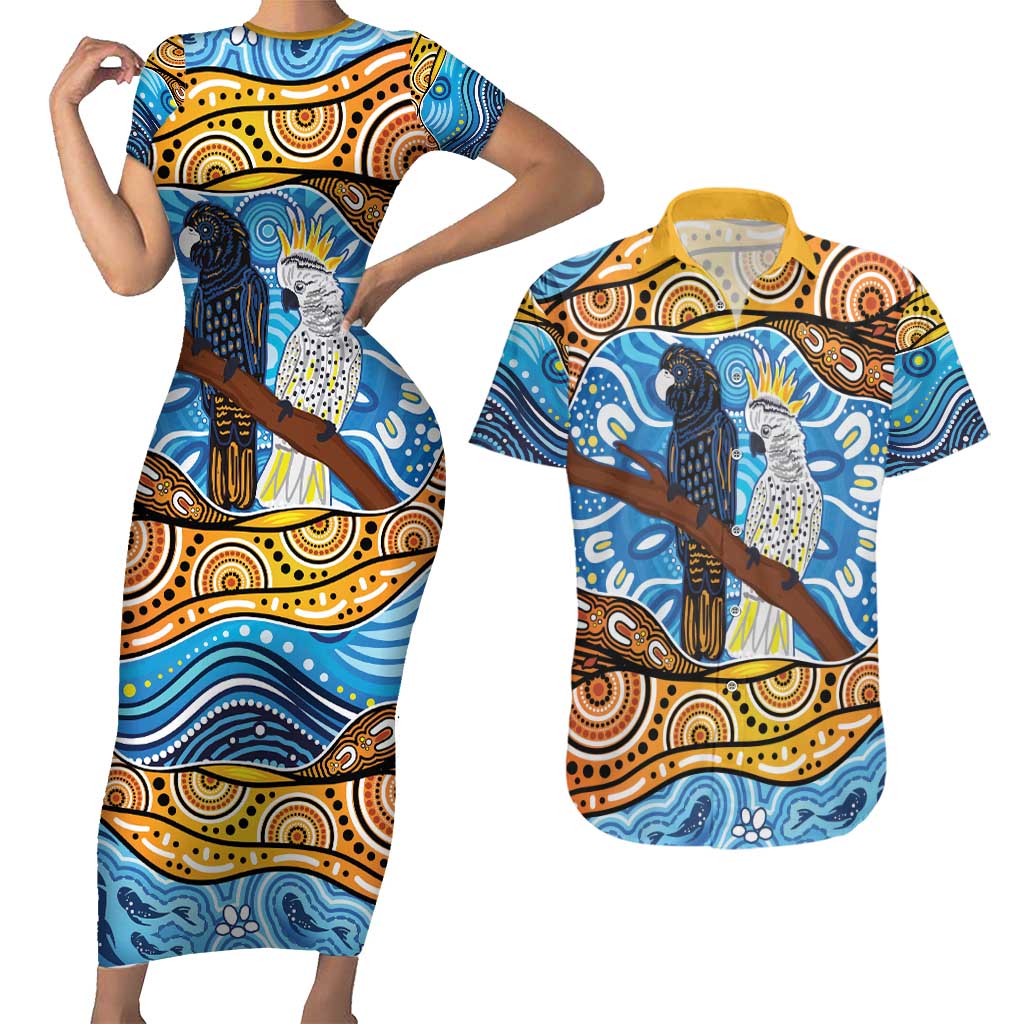 Australia Birds Aboriginal Art Couples Matching Short Sleeve Bodycon Dress and Hawaiian Shirt