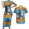 Australia Birds Aboriginal Art Couples Matching Short Sleeve Bodycon Dress and Hawaiian Shirt