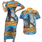 Australia Birds Aboriginal Art Couples Matching Short Sleeve Bodycon Dress and Hawaiian Shirt