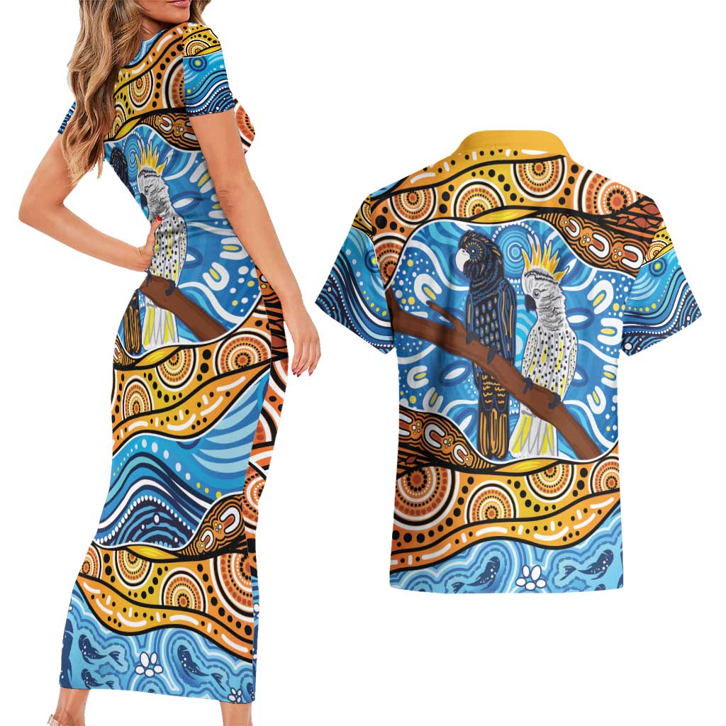 Australia Birds Aboriginal Art Couples Matching Short Sleeve Bodycon Dress and Hawaiian Shirt
