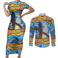 Australia Birds Aboriginal Art Couples Matching Short Sleeve Bodycon Dress and Long Sleeve Button Shirt