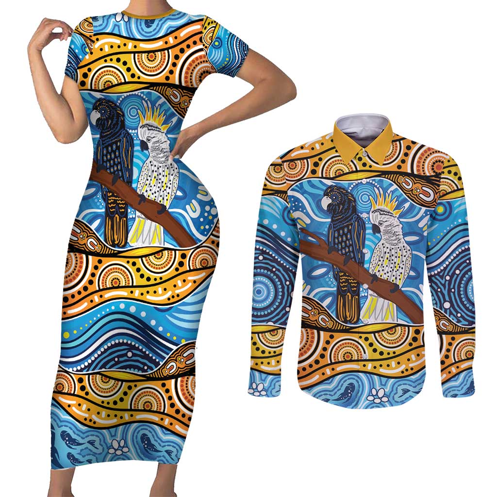 Australia Birds Aboriginal Art Couples Matching Short Sleeve Bodycon Dress and Long Sleeve Button Shirt