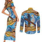 Australia Birds Aboriginal Art Couples Matching Short Sleeve Bodycon Dress and Long Sleeve Button Shirt