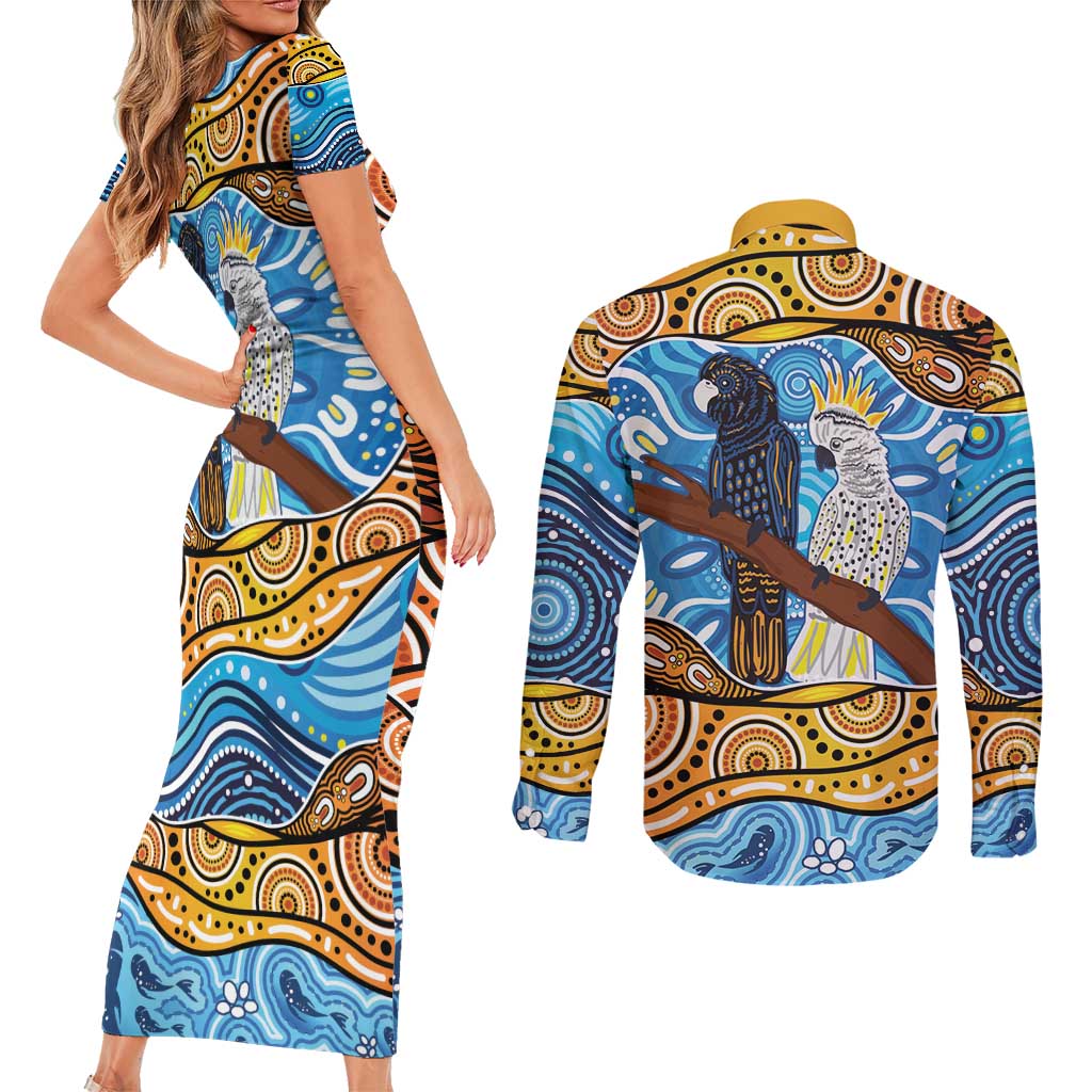 Australia Birds Aboriginal Art Couples Matching Short Sleeve Bodycon Dress and Long Sleeve Button Shirt