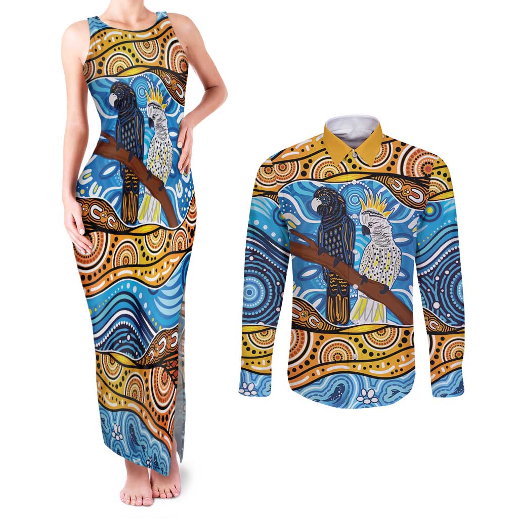 Australia Birds Aboriginal Art Couples Matching Tank Maxi Dress and Long Sleeve Button Shirt