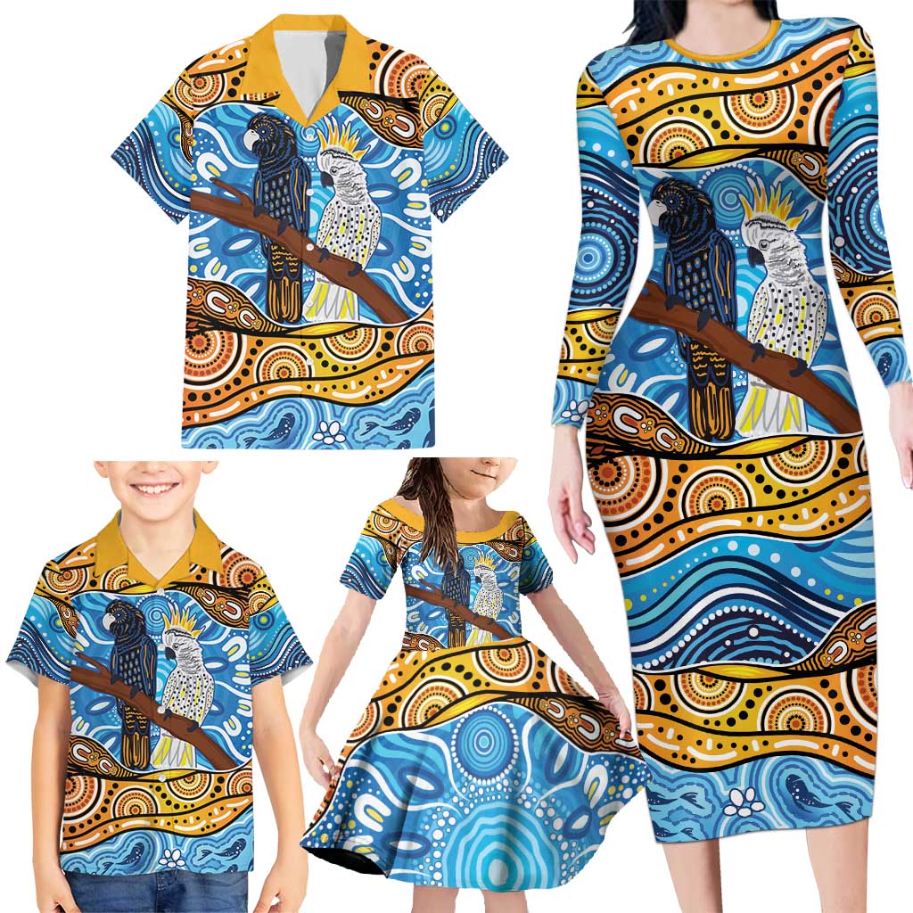 Australia Birds Aboriginal Art Family Matching Long Sleeve Bodycon Dress and Hawaiian Shirt