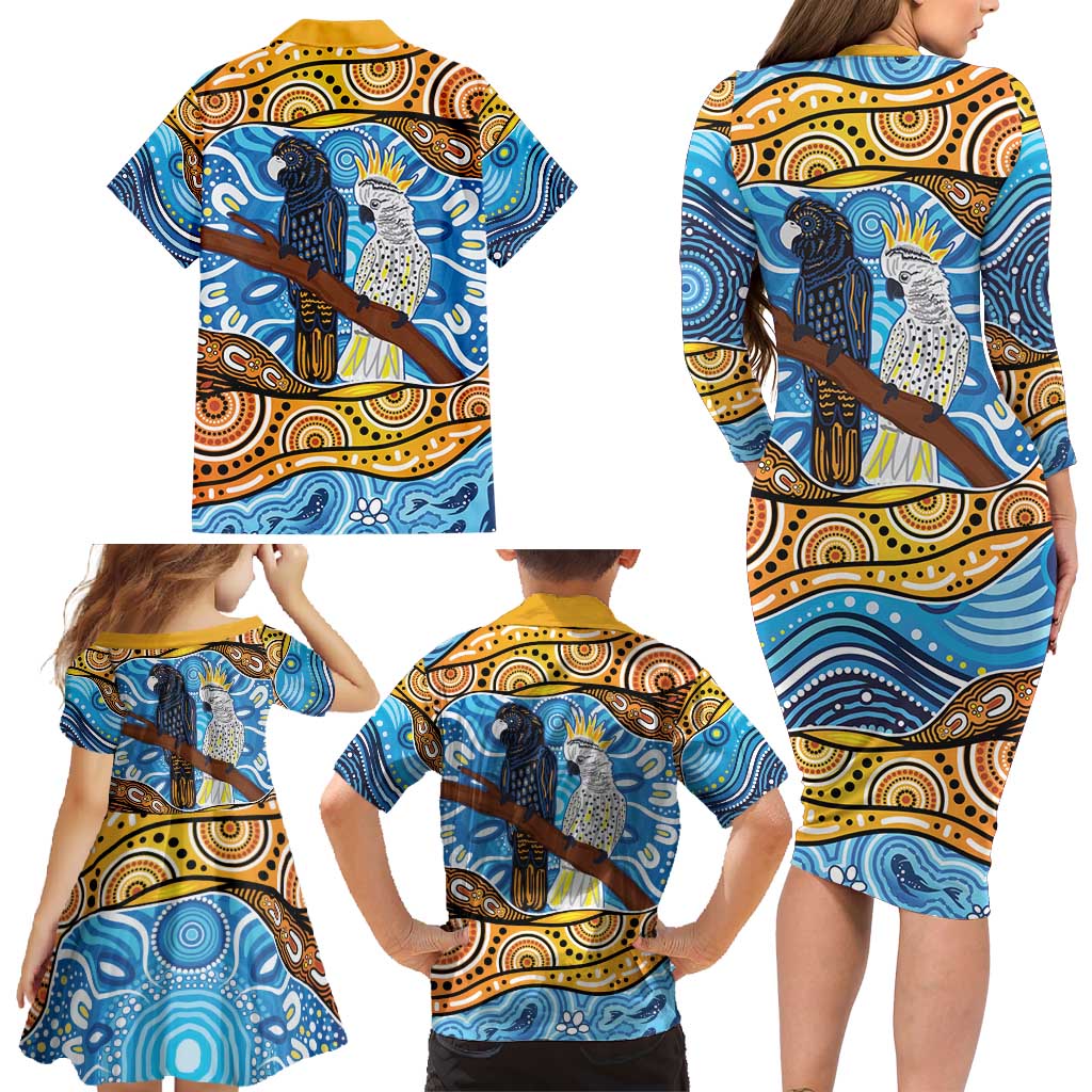 Australia Birds Aboriginal Art Family Matching Long Sleeve Bodycon Dress and Hawaiian Shirt