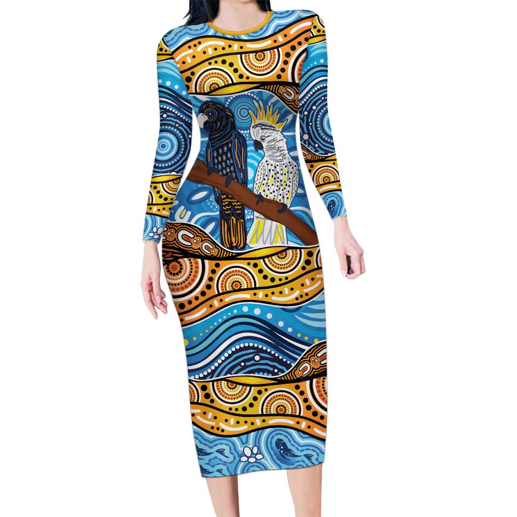 Australia Birds Aboriginal Art Family Matching Long Sleeve Bodycon Dress and Hawaiian Shirt