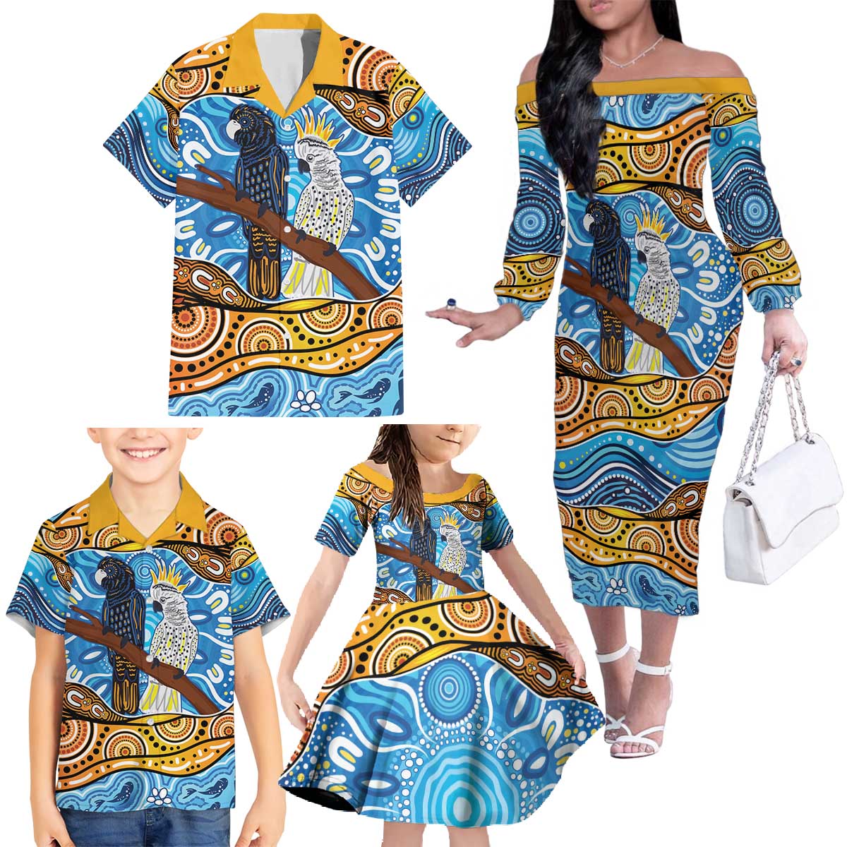 Australia Birds Aboriginal Art Family Matching Off The Shoulder Long Sleeve Dress and Hawaiian Shirt