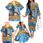 Australia Birds Aboriginal Art Family Matching Off The Shoulder Long Sleeve Dress and Hawaiian Shirt