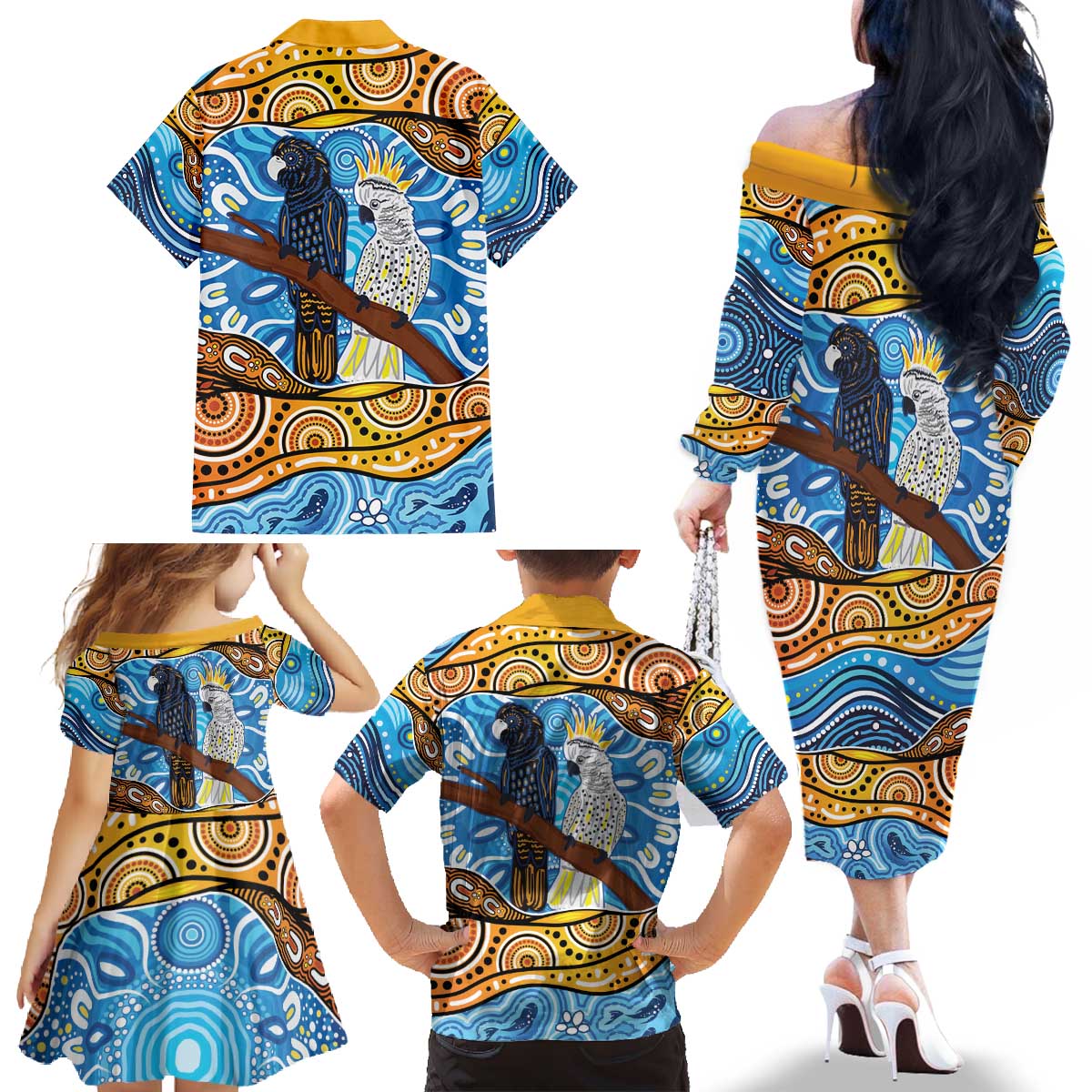 Australia Birds Aboriginal Art Family Matching Off The Shoulder Long Sleeve Dress and Hawaiian Shirt