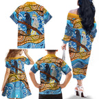 Australia Birds Aboriginal Art Family Matching Off The Shoulder Long Sleeve Dress and Hawaiian Shirt