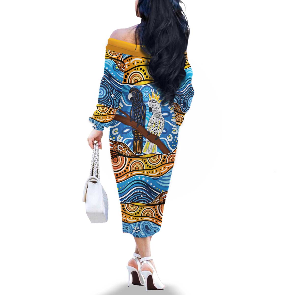 Australia Birds Aboriginal Art Family Matching Off The Shoulder Long Sleeve Dress and Hawaiian Shirt