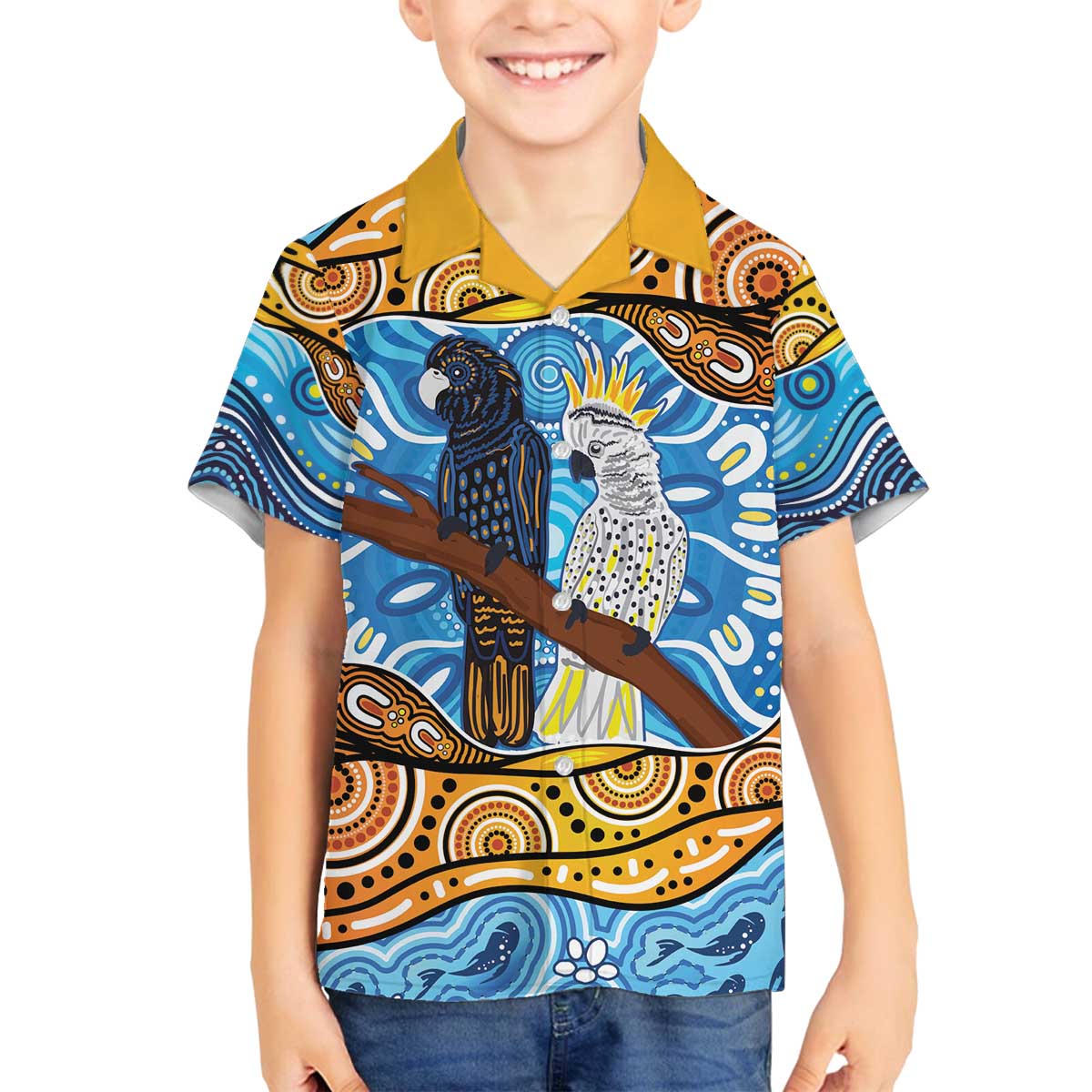 Australia Birds Aboriginal Art Family Matching Off The Shoulder Long Sleeve Dress and Hawaiian Shirt
