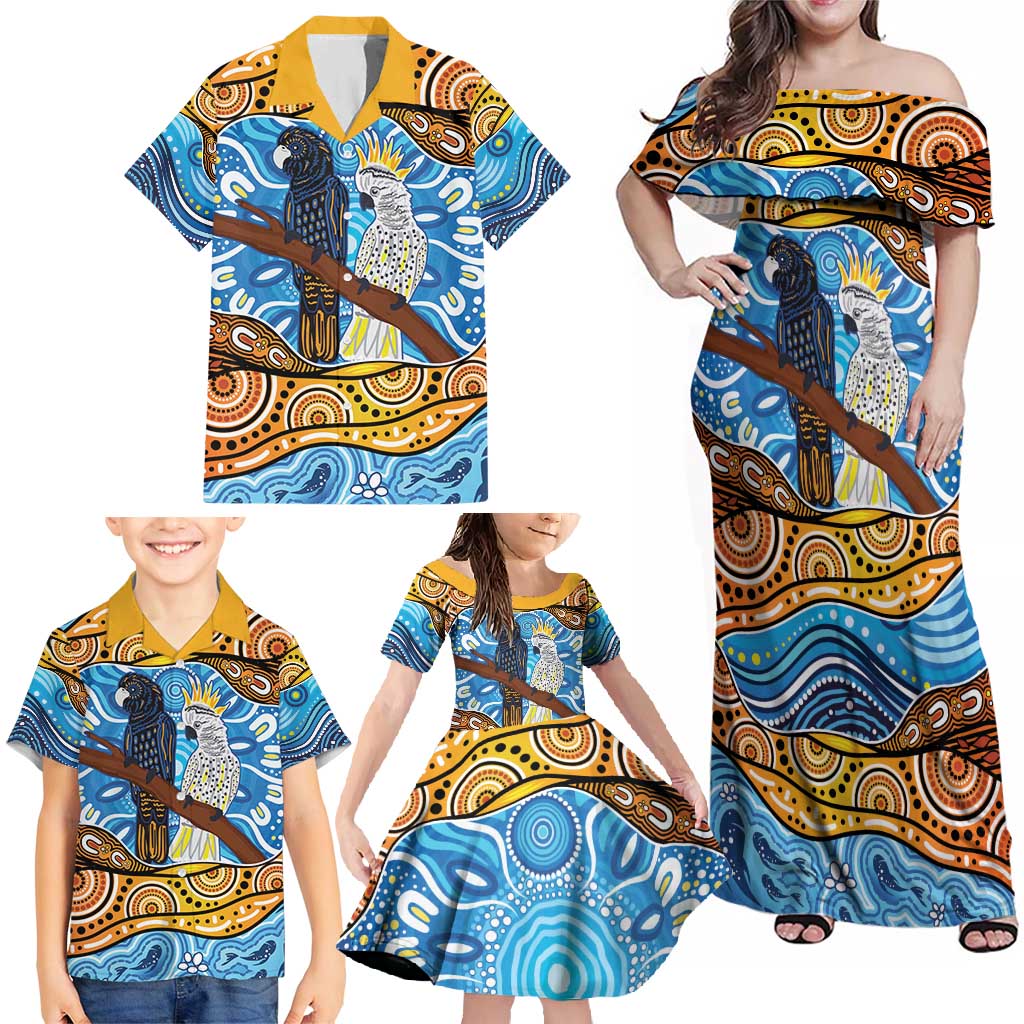 Australia Birds Aboriginal Art Family Matching Off Shoulder Maxi Dress and Hawaiian Shirt