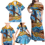 Australia Birds Aboriginal Art Family Matching Off Shoulder Maxi Dress and Hawaiian Shirt