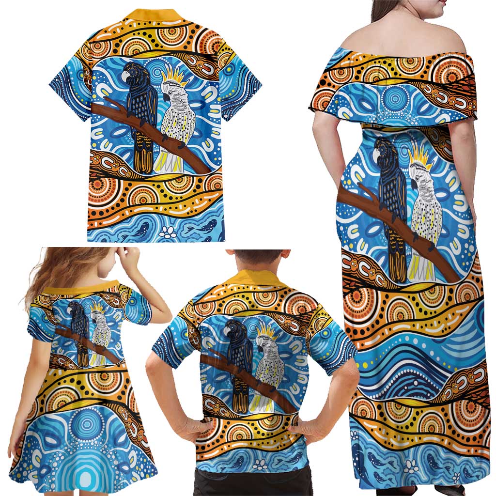 Australia Birds Aboriginal Art Family Matching Off Shoulder Maxi Dress and Hawaiian Shirt