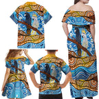 Australia Birds Aboriginal Art Family Matching Off Shoulder Maxi Dress and Hawaiian Shirt