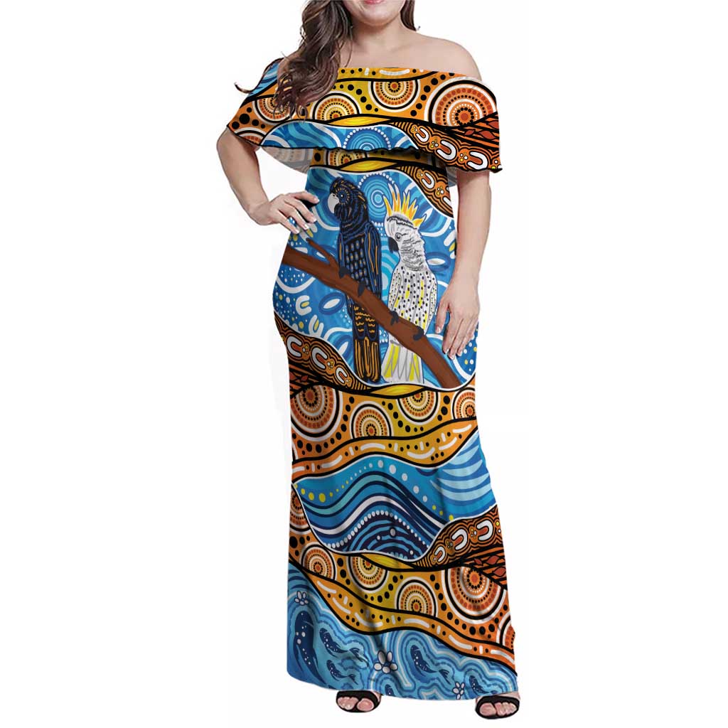 Australia Birds Aboriginal Art Family Matching Off Shoulder Maxi Dress and Hawaiian Shirt