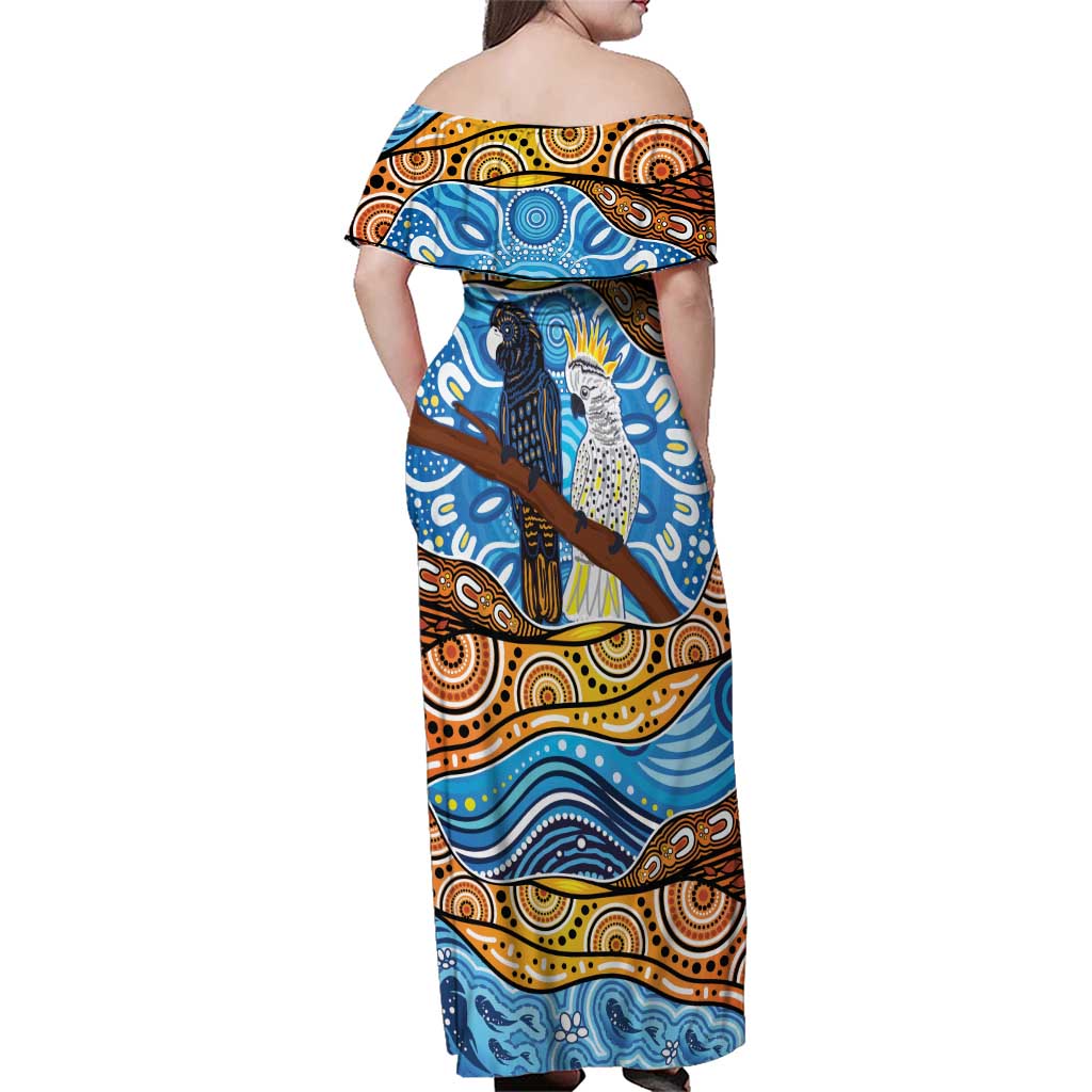 Australia Birds Aboriginal Art Family Matching Off Shoulder Maxi Dress and Hawaiian Shirt