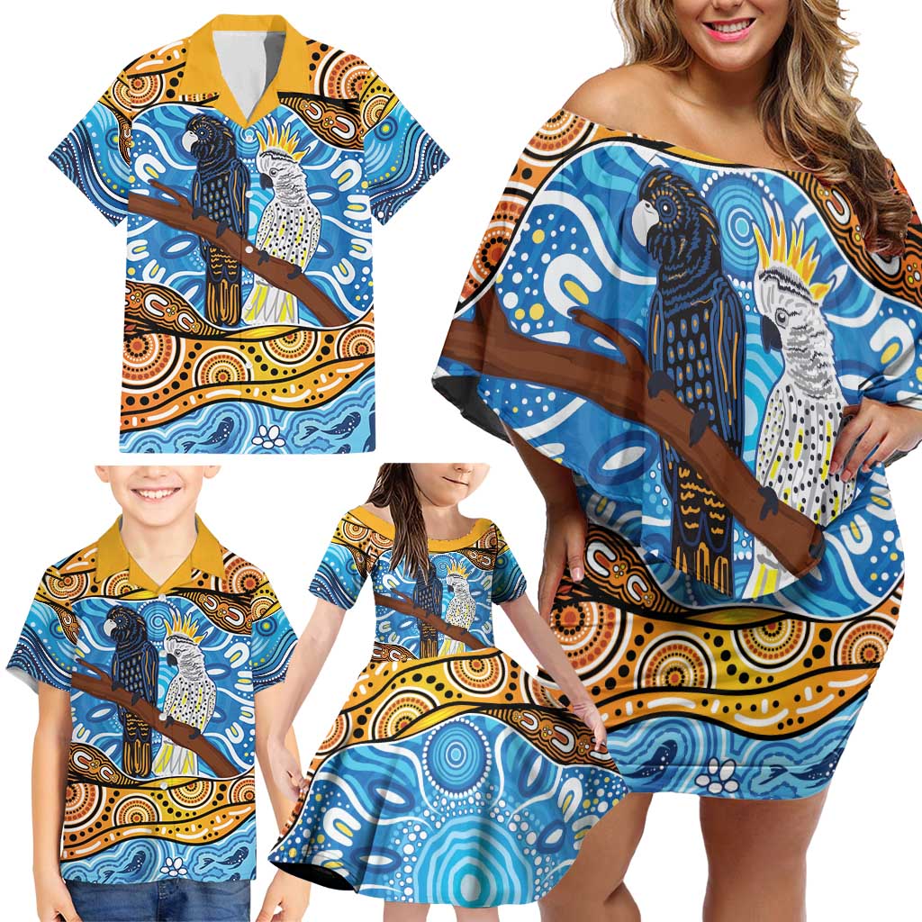 Australia Birds Aboriginal Art Family Matching Off Shoulder Short Dress and Hawaiian Shirt