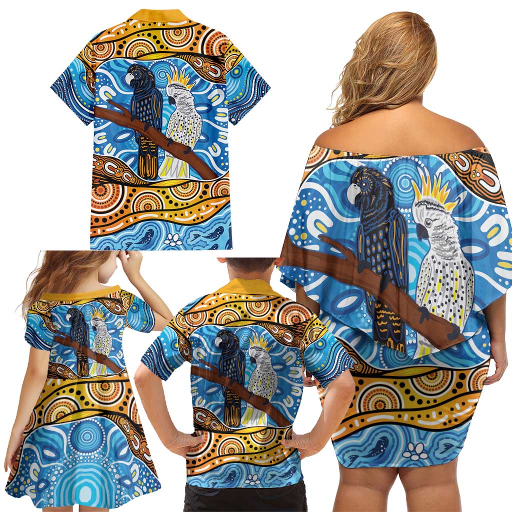Australia Birds Aboriginal Art Family Matching Off Shoulder Short Dress and Hawaiian Shirt