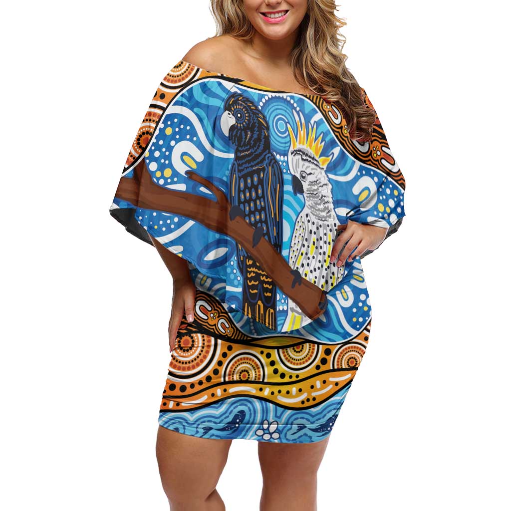 Australia Birds Aboriginal Art Family Matching Off Shoulder Short Dress and Hawaiian Shirt