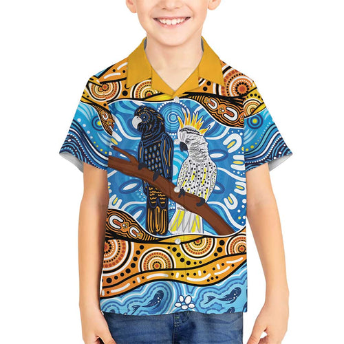Australia Birds Aboriginal Art Family Matching Off Shoulder Short Dress and Hawaiian Shirt
