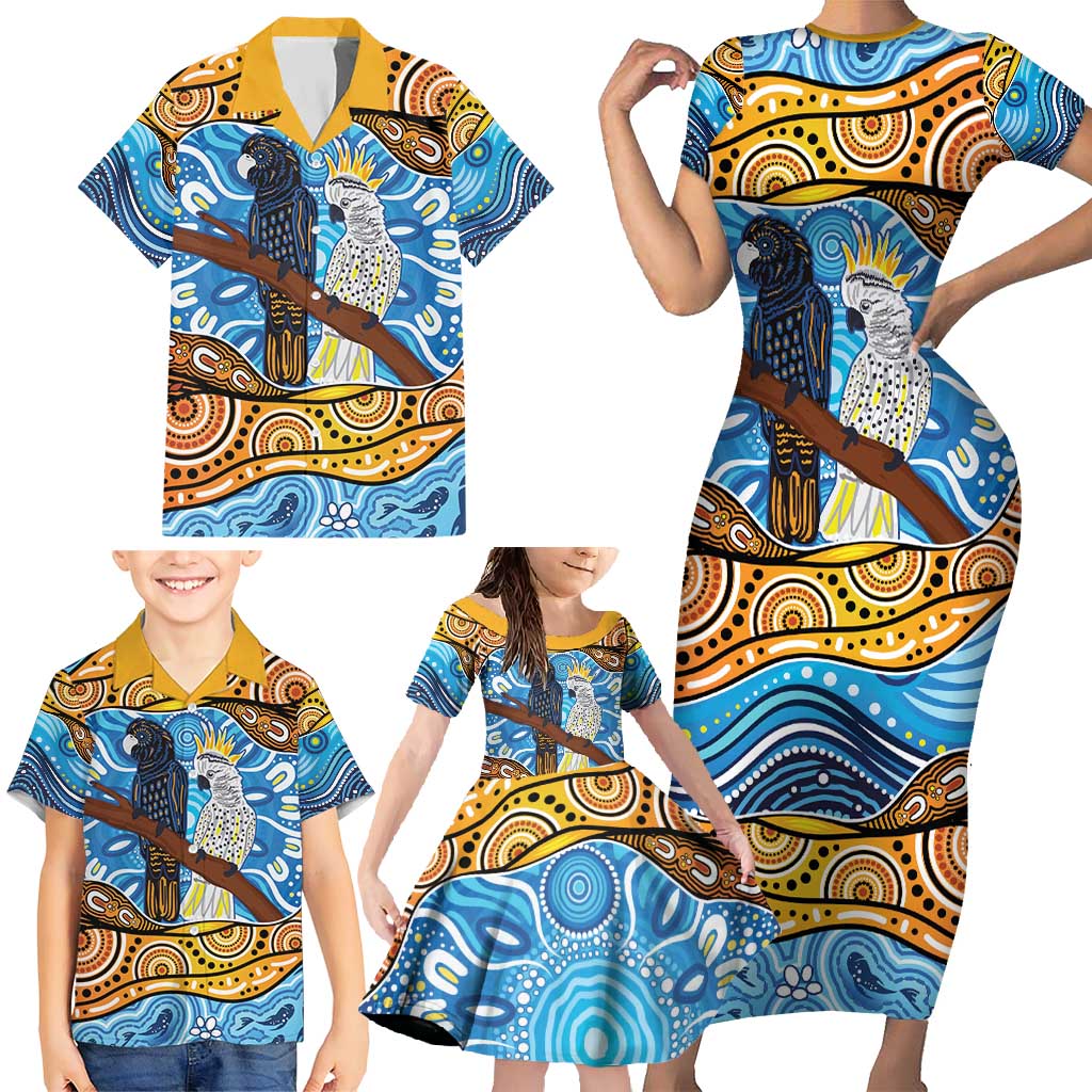 Australia Birds Aboriginal Art Family Matching Short Sleeve Bodycon Dress and Hawaiian Shirt