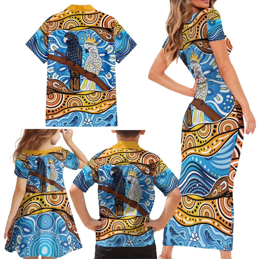 Australia Birds Aboriginal Art Family Matching Short Sleeve Bodycon Dress and Hawaiian Shirt